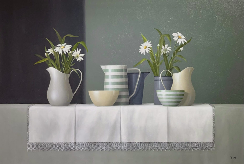 Green & White Striped Bowl & Daisies | Trudie Mooney – The Whitethorn Gallery