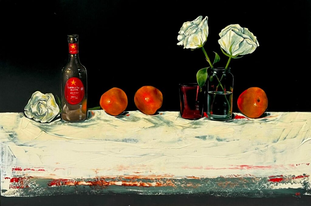 White Roses with Nectarines and a bottle on a white tablecloth | Rebekah Mooney – The Whitethorn Gallery