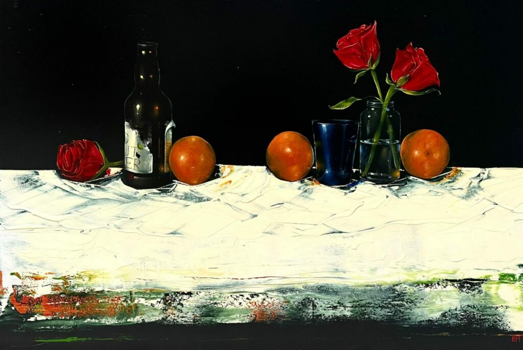 Red Roses with Nectarines and a Bottle on a White Tablecloth | Rebekah Mooney – The Whitethorn Gallery