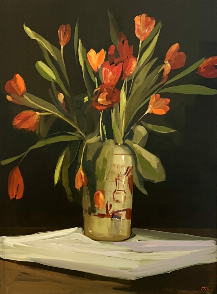 Tangerine and Red Tulips on Cloth | Martin Mooney – The Whitethorn Gallery